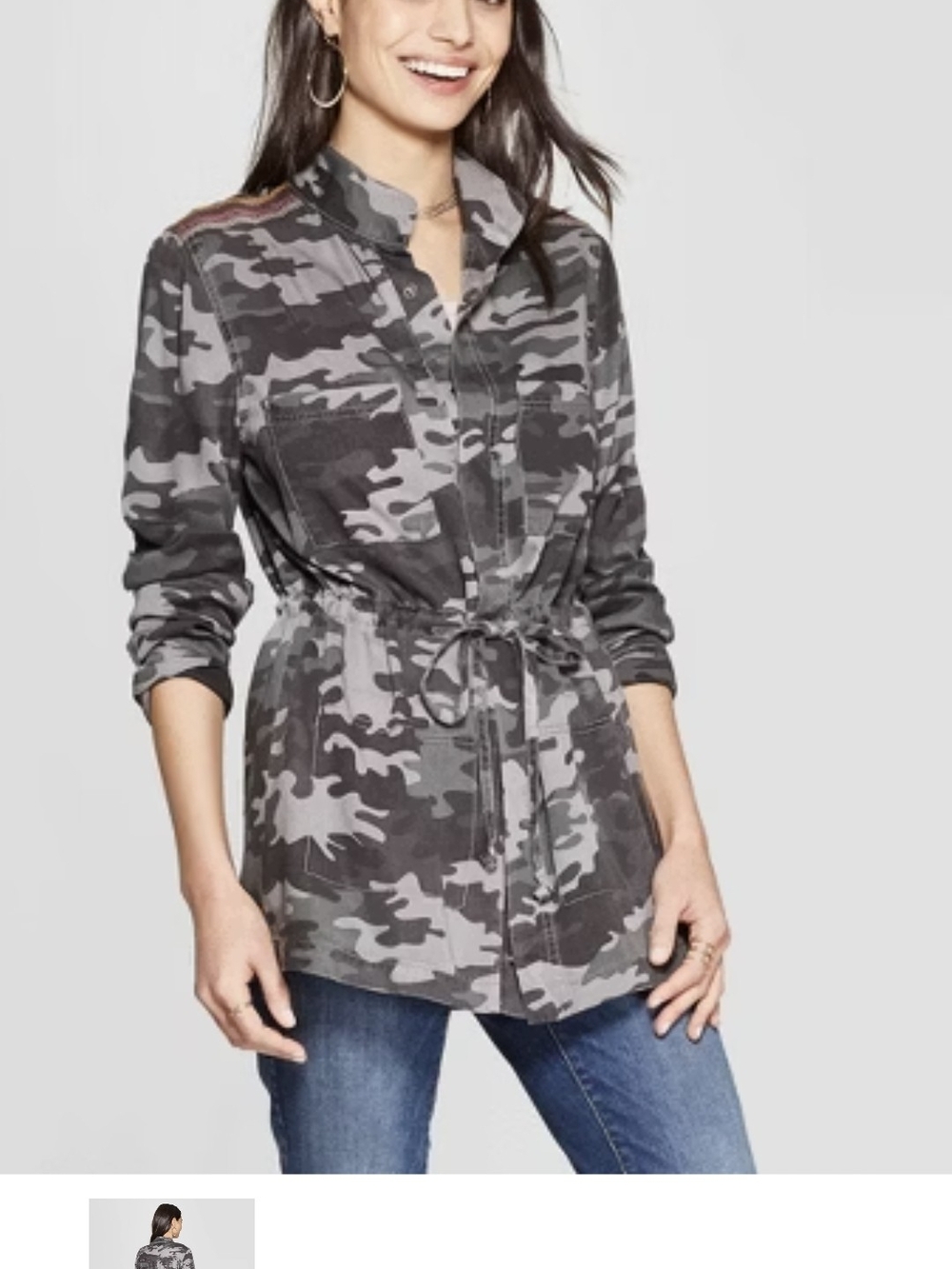 Knox Rose Utility Drawstring Women’s Gray Camo Drawstring Jacket Size Large